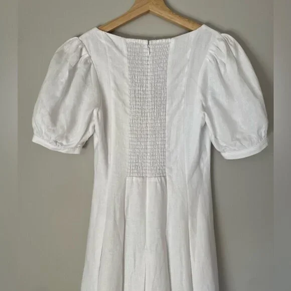 NEW Reformation Coucou Midi Linen Dress Puff Sleeves White | US 4 UK 8 - Picture 10 of 11